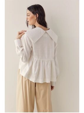 Light Cream Peplum V-Neck Long-Sleeve Blouse